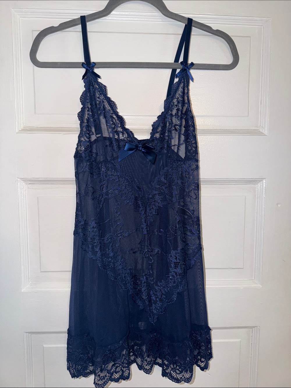 Sheer Lace Trim Chemise Slip in Navy - Women's Intimates